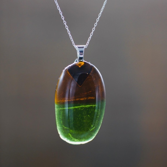 Artisan Jewelry - Recycled Wine & Beer Bottle Glass Necklace Green Brown Sterling Silver Seaglass